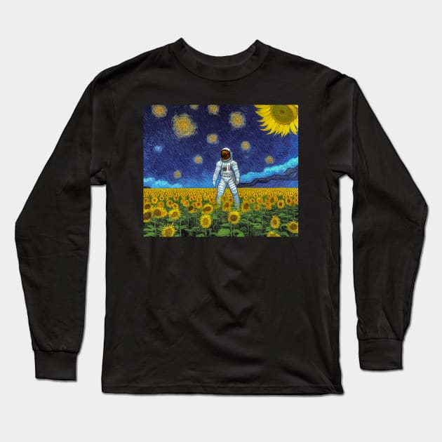 Astronaut Sunflower Impressionism Long Sleeve T-Shirt by cloudart2868